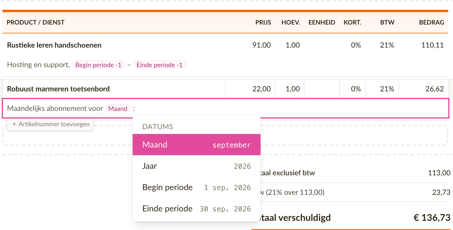 De omschrijving van een regel met de labels Begin periode en Einde periode, en de voorvertoning die hun waarden laat zien