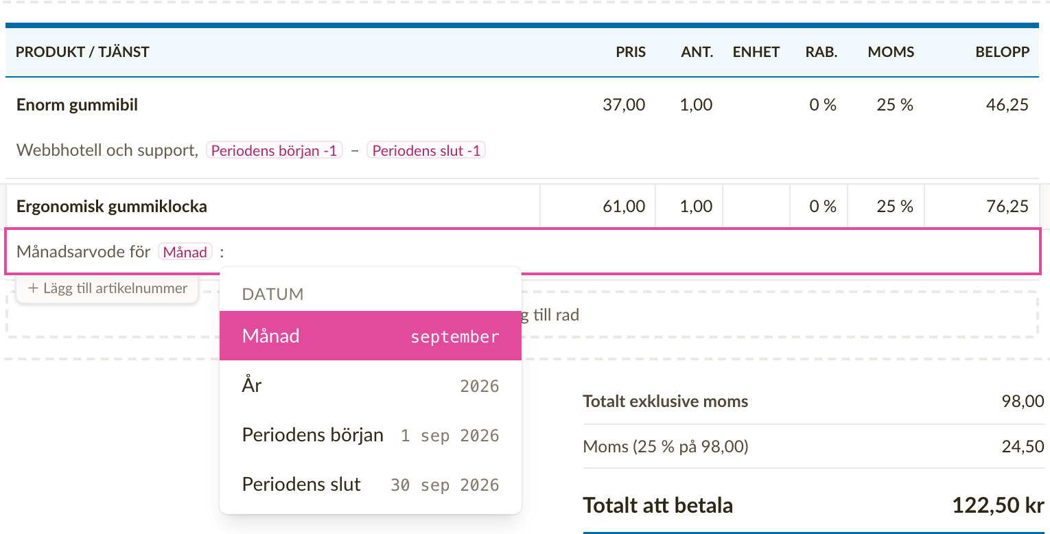 Beskrivningen på en rad med etiketterna Periodens början och Periodens slut, och förhandsgranskningen som visar deras värden