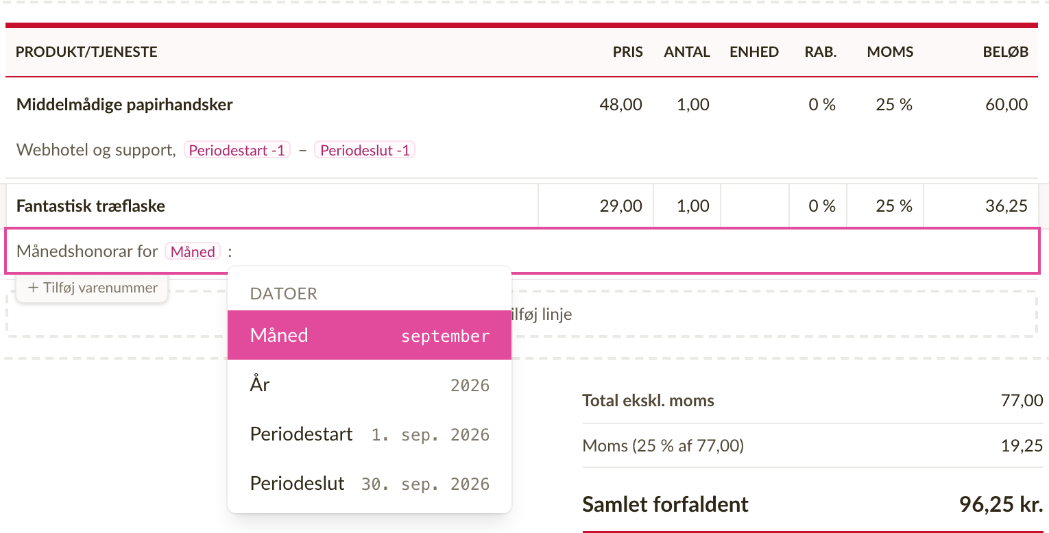 Beskrivelsen på en linje med etiketterne Periodestart og Periodeslut og forhåndsvisningen, der viser deres værdier
