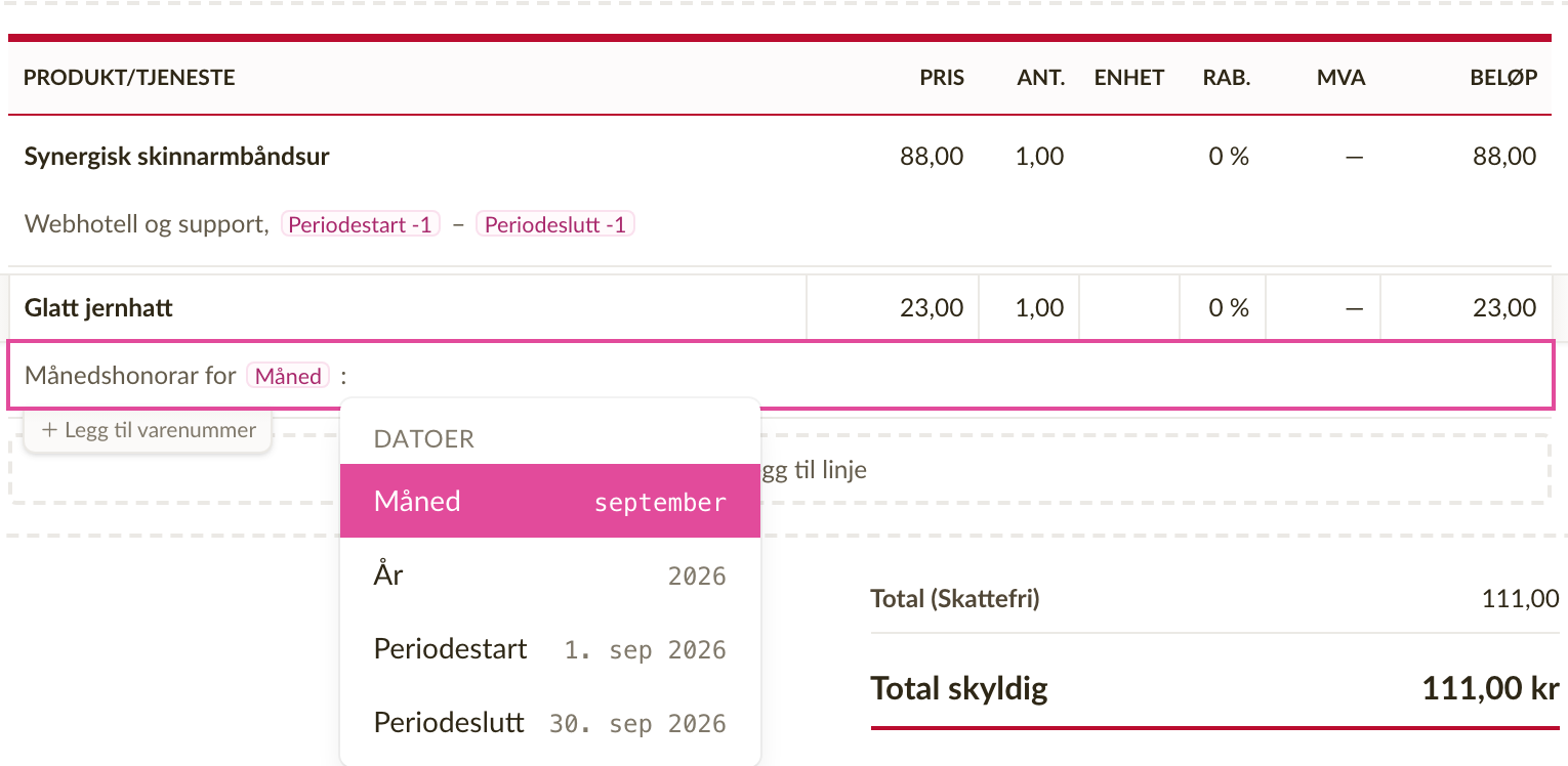 Beskrivelsen på en linje med etikettene Periodestart og Periodeslutt og forhåndsvisningen som viser verdiene deres