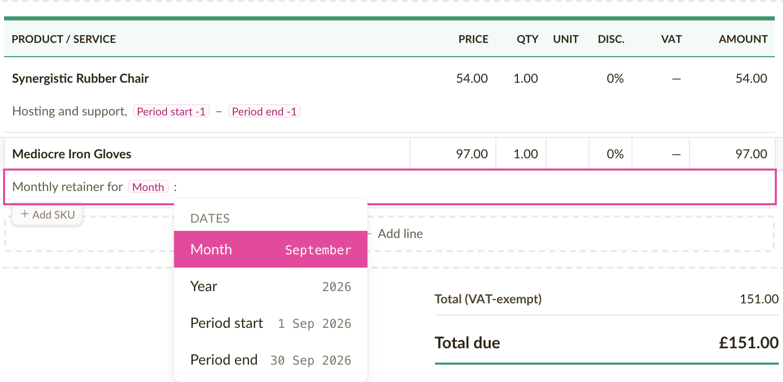 A line item description with Period start and Period end chips, and the preview switch showing their values