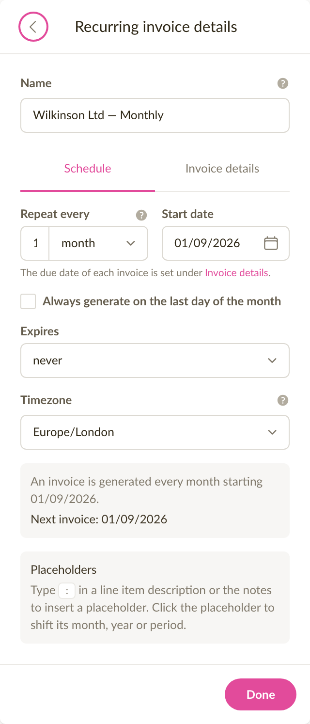 The schedule tab of a recurring invoice, repeating every month with a start date and the next invoice date