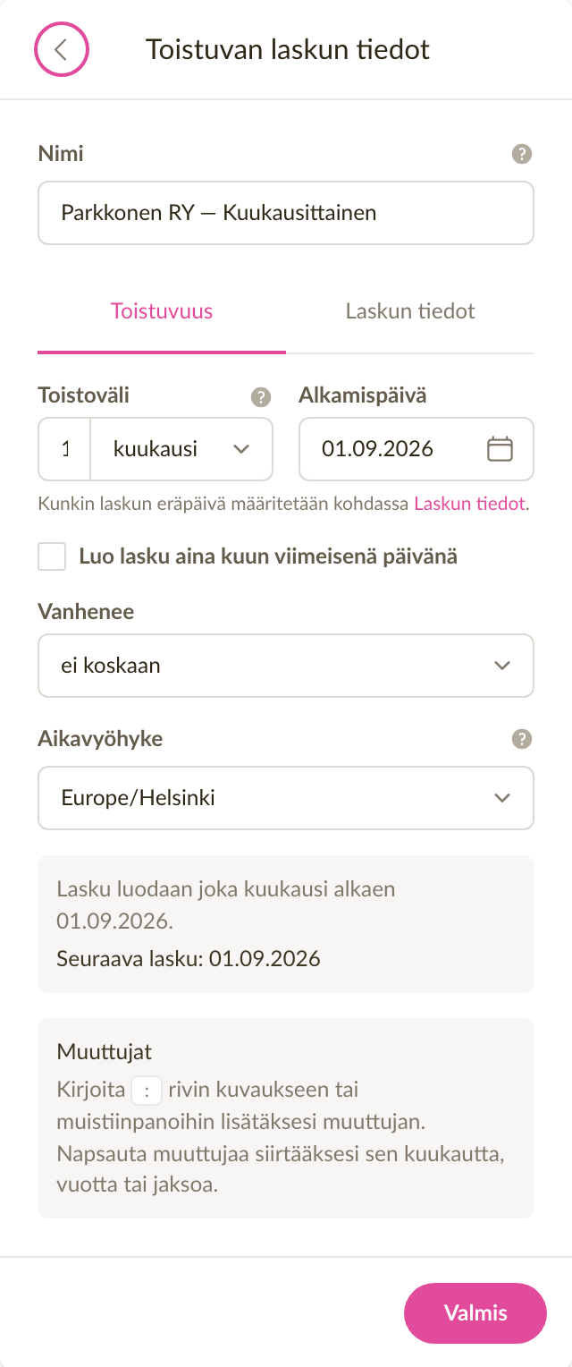 Toistuvan laskun aikatauluvälilehti, jossa lasku toistuu kuukausittain ja näkyvissä ovat alkamispäivä ja seuraavan laskun päivä