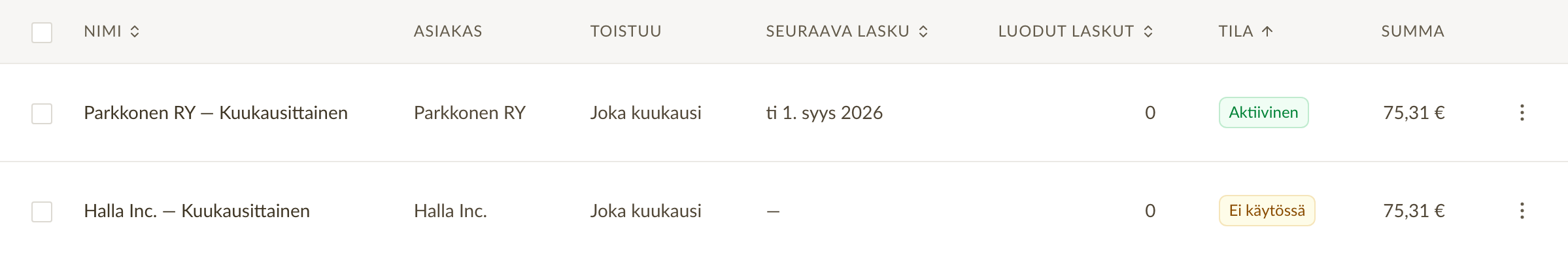 Toistuvien laskujen luettelo, jossa näkyvät asiakas, toiston tiheys, seuraavan laskun päivä ja tila