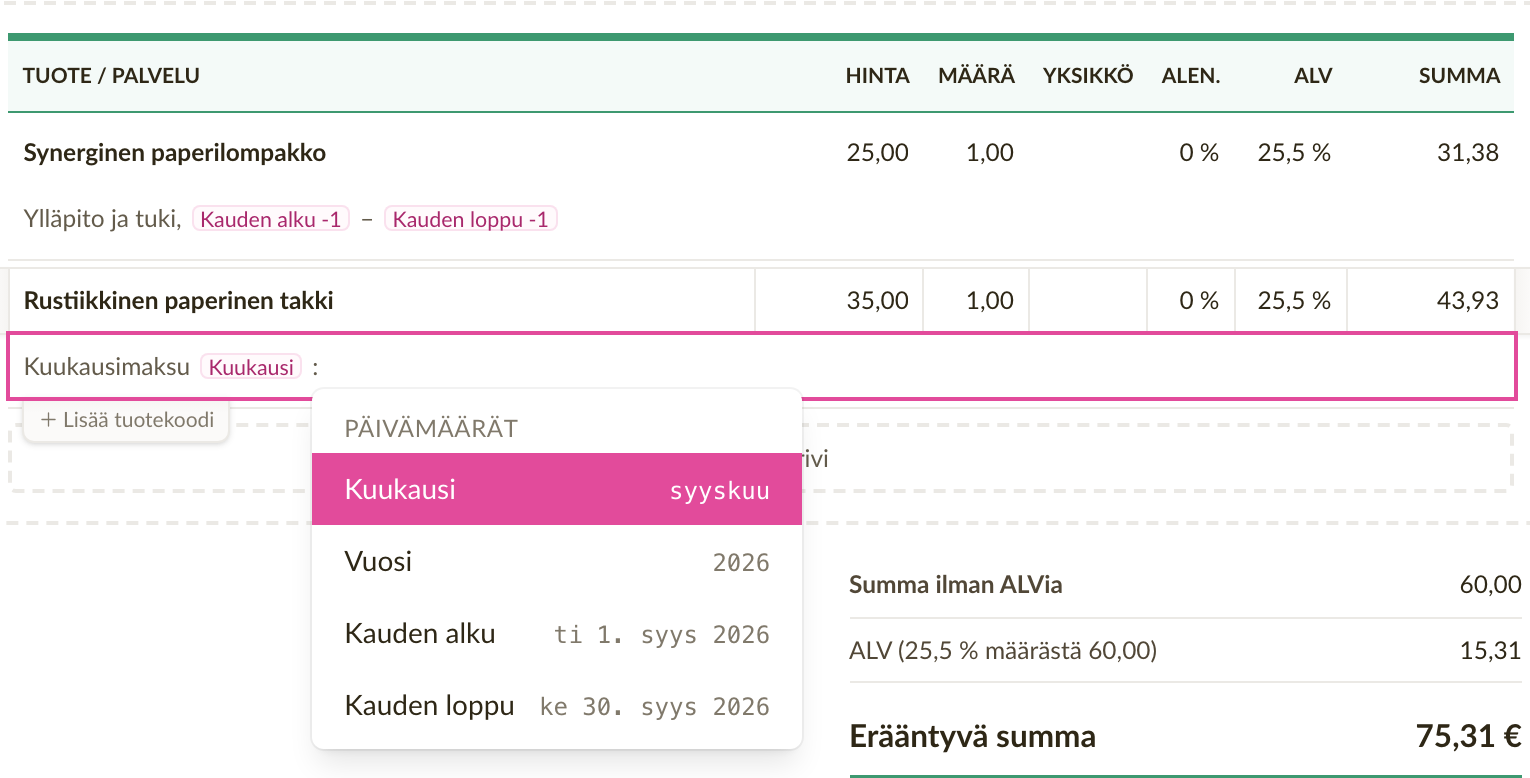Laskurivin kuvaus, jossa on Kauden alku- ja Kauden loppu -merkit, sekä esikatselu, joka näyttää niiden arvot
