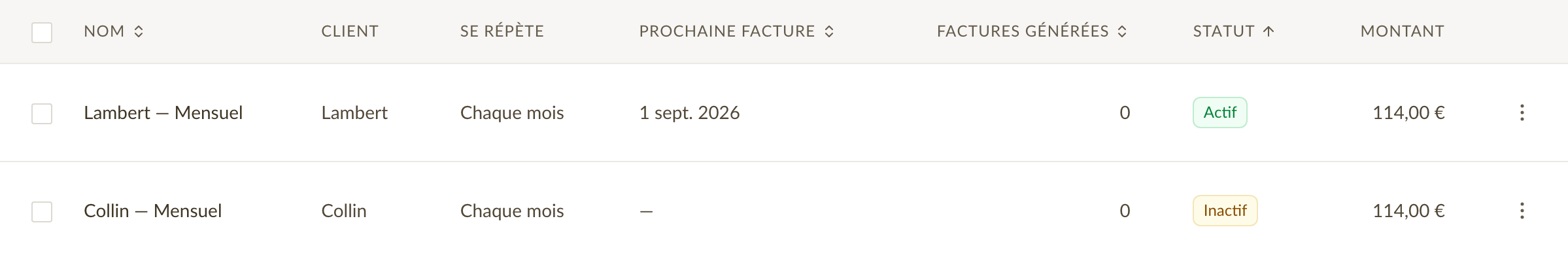 La liste des factures récurrentes avec le client, la fréquence, la date de la prochaine facture et le statut