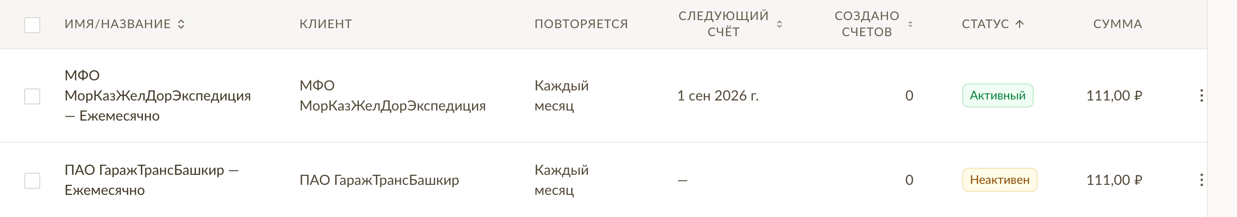 Список повторяющихся счетов с клиентом, частотой повторения, датой следующего счёта и статусом