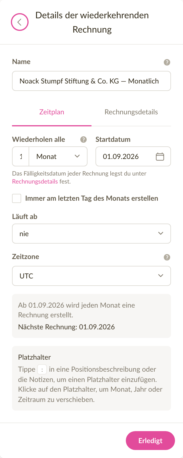 Der Zeitplan-Tab einer wiederkehrenden Rechnung, die sich monatlich wiederholt, mit Startdatum und dem nächsten Rechnungsdatum