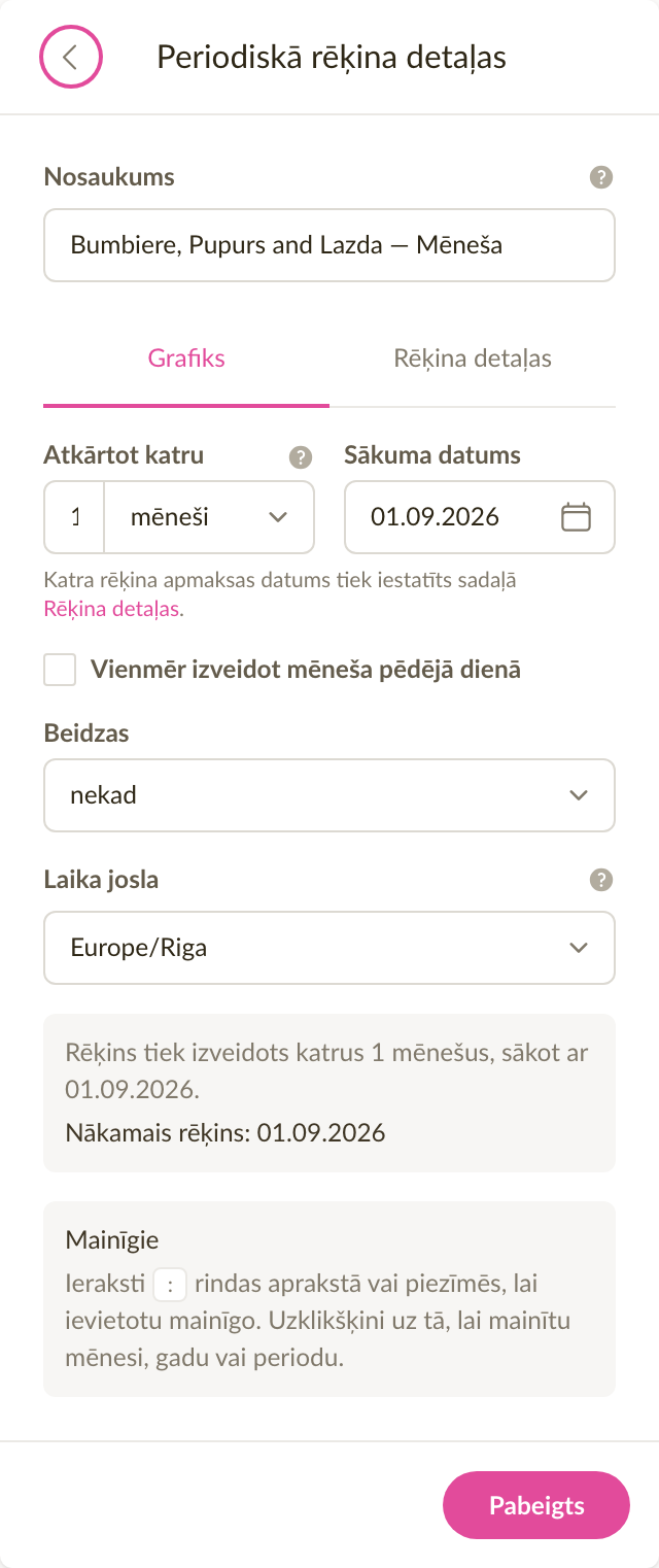 Periodiskā rēķina grafika cilne, kurā rēķins atkārtojas katru mēnesi un redzams sākuma datums un nākamā rēķina datums