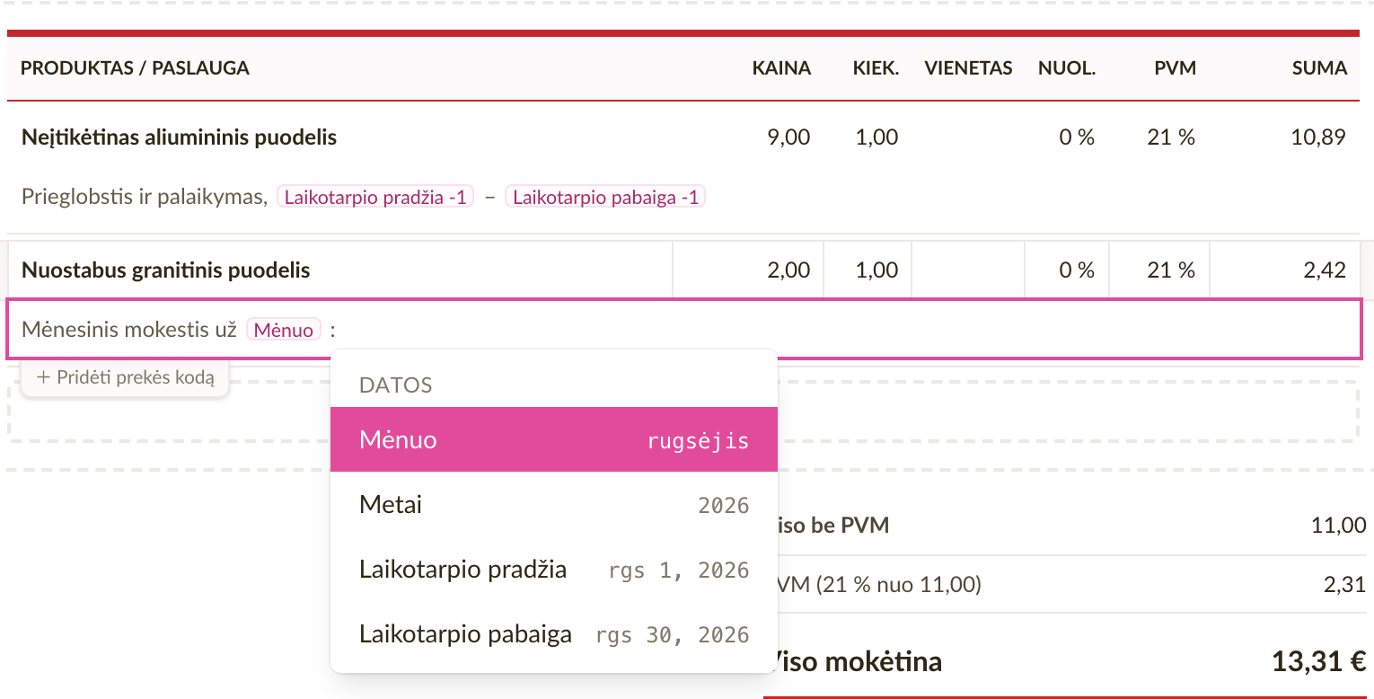 Eilutės aprašymas su žymėmis Laikotarpio pradžia ir Laikotarpio pabaiga bei peržiūra, rodanti jų reikšmes