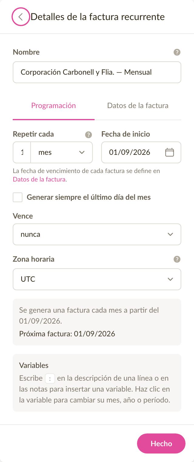 La pestaña de programación de una factura recurrente que se repite cada mes, con la fecha de inicio y la fecha de la próxima factura