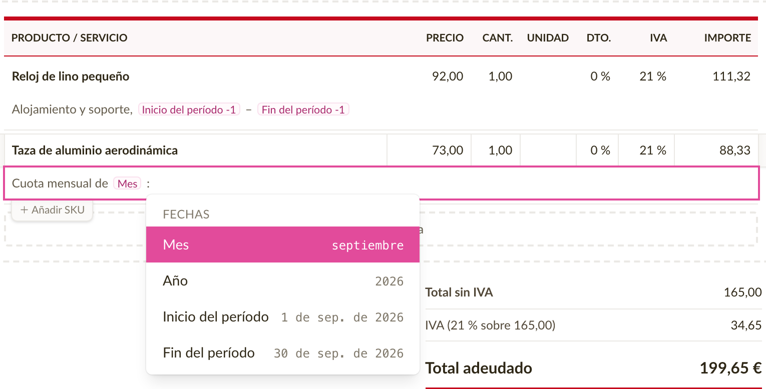La descripción de una línea con las etiquetas Inicio del período y Fin del período, y la vista previa que muestra sus valores