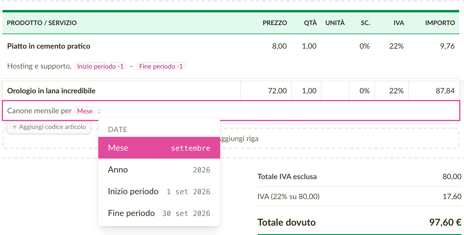 La descrizione di una riga con le etichette Inizio periodo e Fine periodo e l'anteprima che ne mostra i valori
